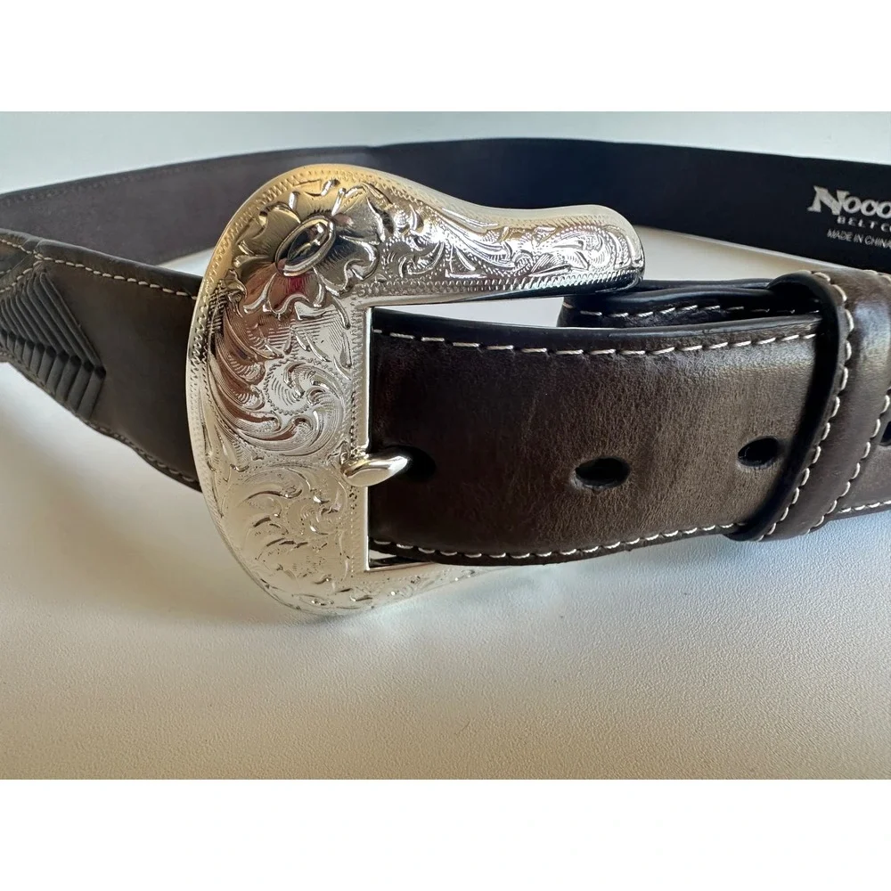Nocona Belt Co Men's Brown Leather Western Belt Engraved Buckle Size 38 Rancher